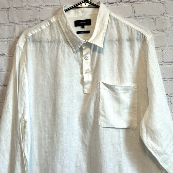 Vince Womens L White Classic Fit Long Sleeve Popover Shirt 100% Linen Blouse - Picture 3 of 9